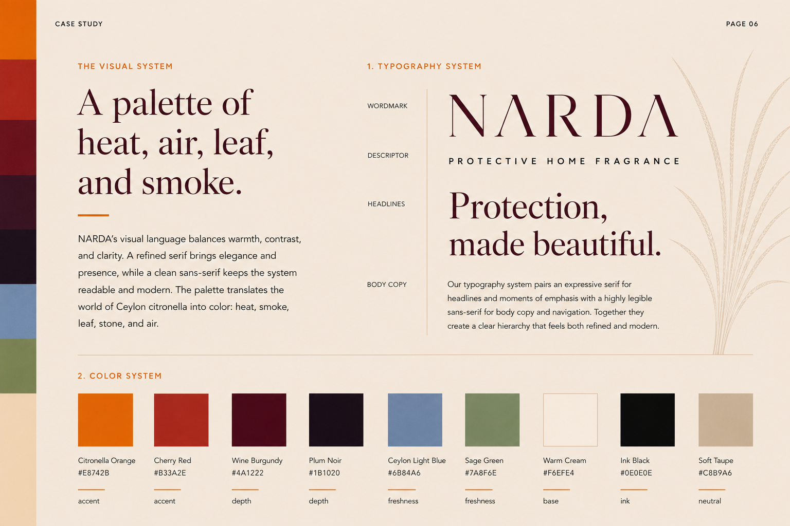 Narda — Page 06, typography and colour system